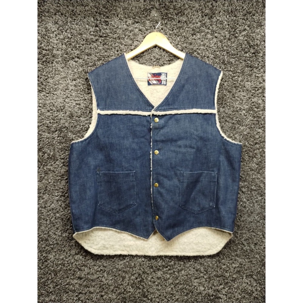 Vintage‎ Viking Sherpa Lined Denim Trucker Vest Adult XL Blue Jean 80s 70s